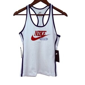 Nike Women's Small Tight Fit Racerback Tank Top White Blue Logo NWT Gym Training